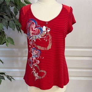 👚live and let live Striped Short Sleeve Top with Heart Motif ~ Red